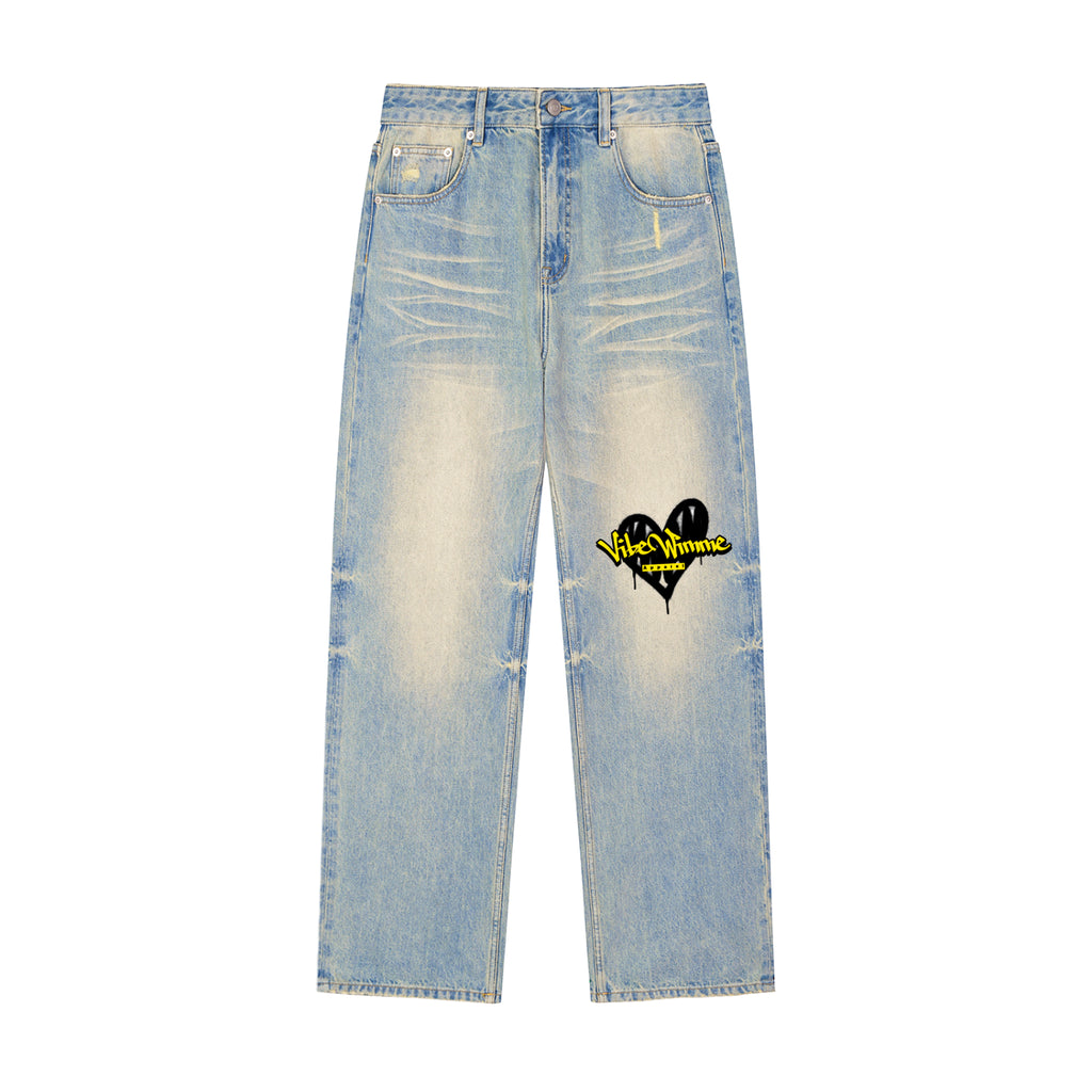 Sun Fade Raw Hem Denim Jeans