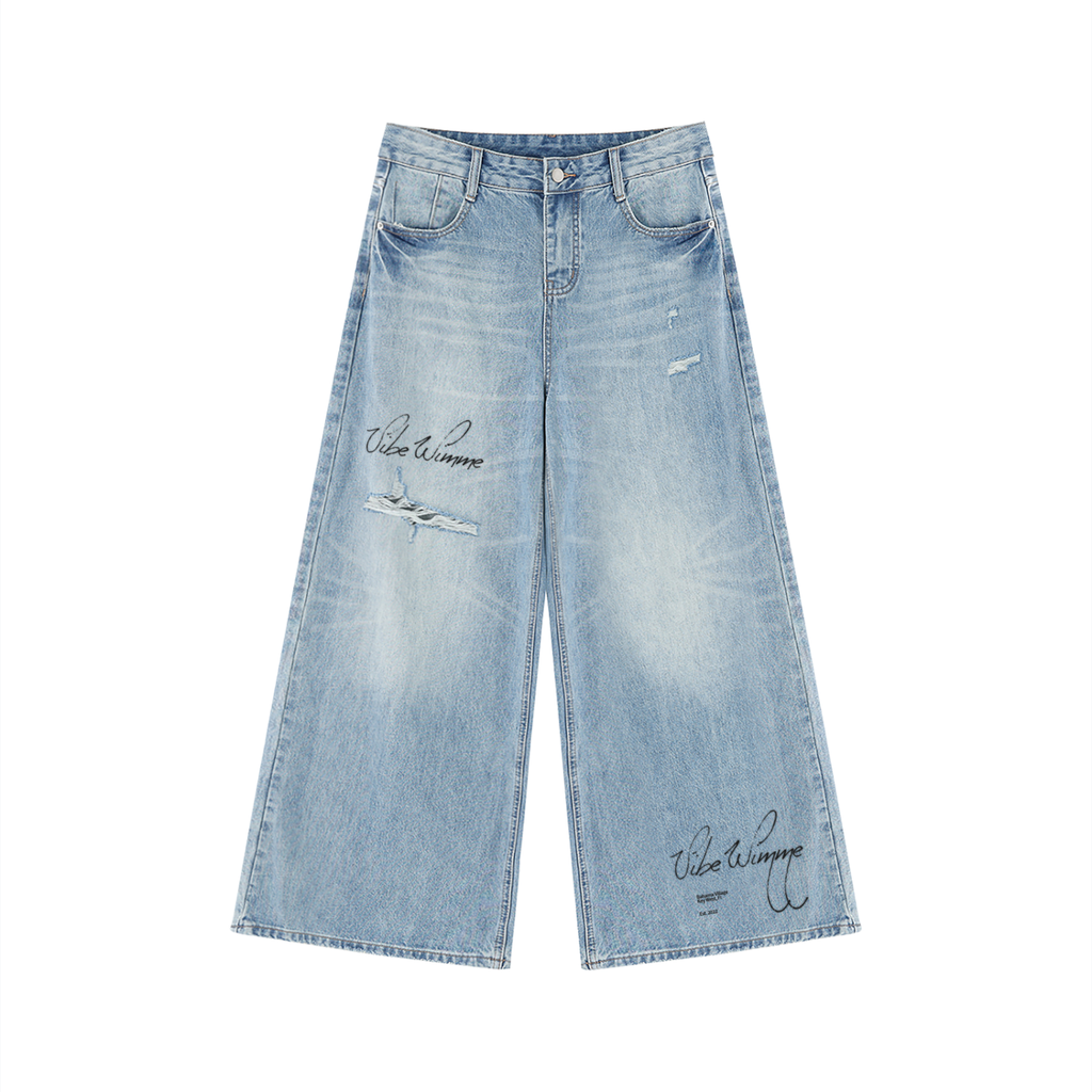 Women's Vintage Wash Distressed Wide Leg Jeans