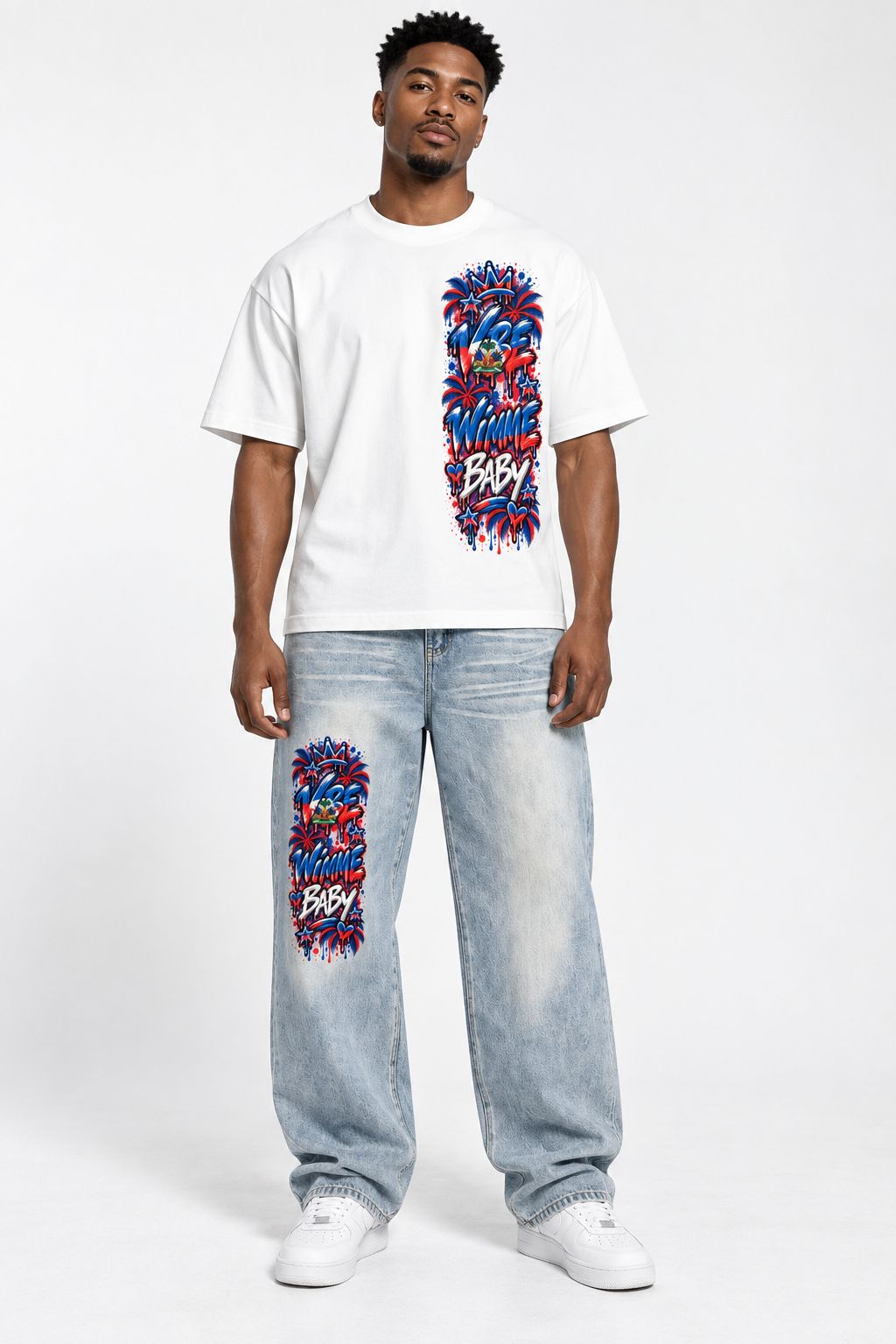 Model wearing Haitian Vibe wide-leg jeans and matching tee