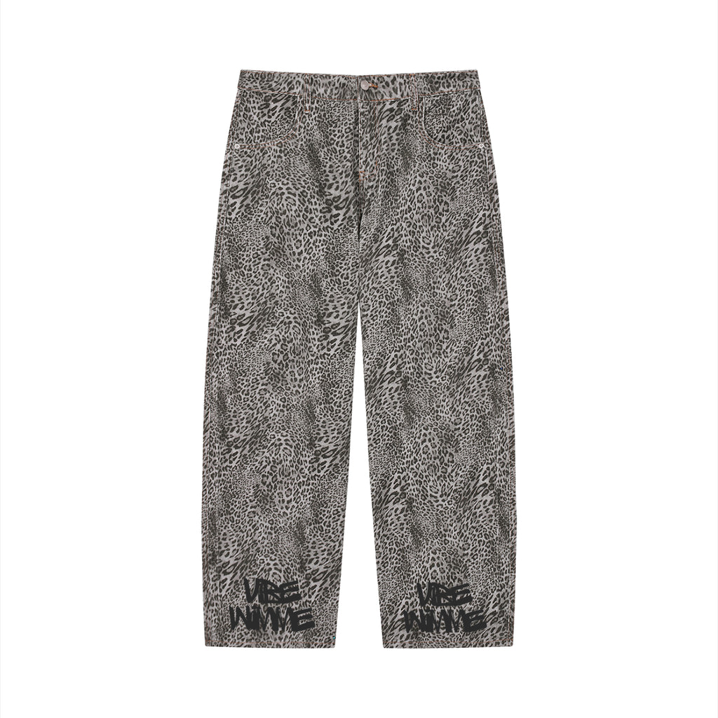Unisex Vintage Wash Leopard Wide Leg Jeans