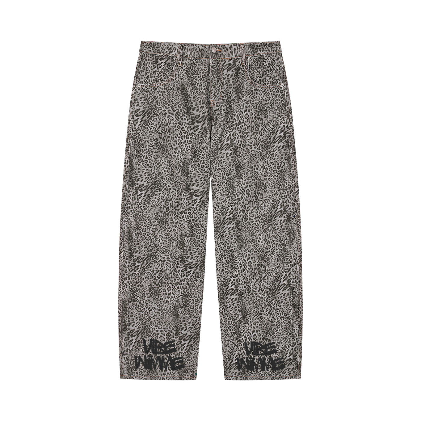 Unisex Vintage Wash Leopard Wide Leg Jeans