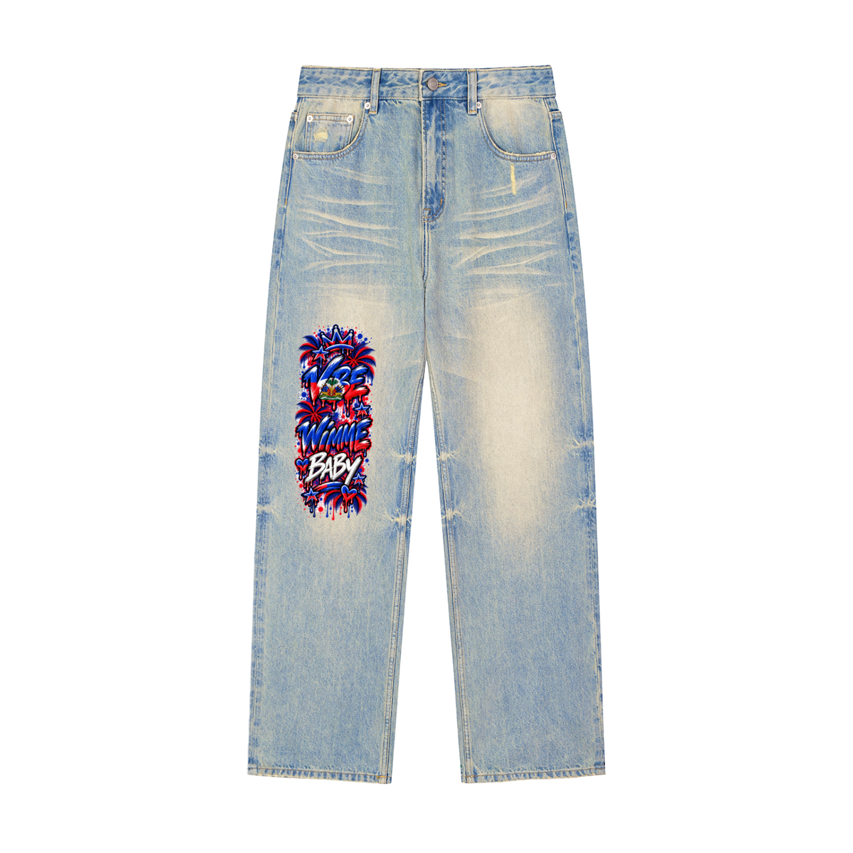 Haitian Vibe Sun Fade Raw Hem Denim Jeans