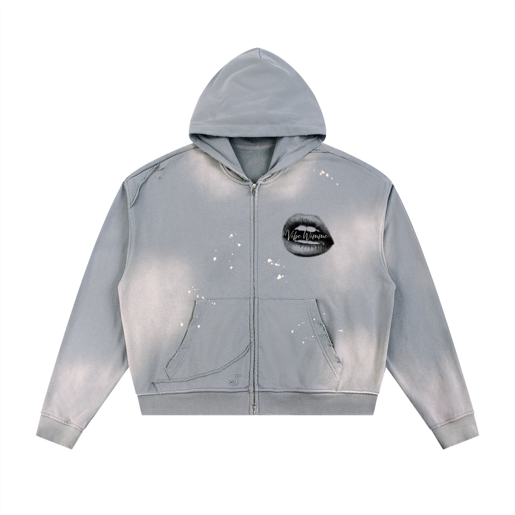 Sun Fade Frayed Raw Edge Fleece Zip Hoodie