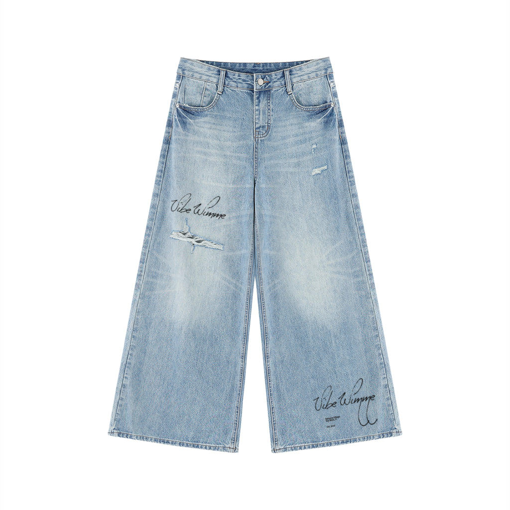 Women's Vintage Wash Distressed Wide Leg Jeans