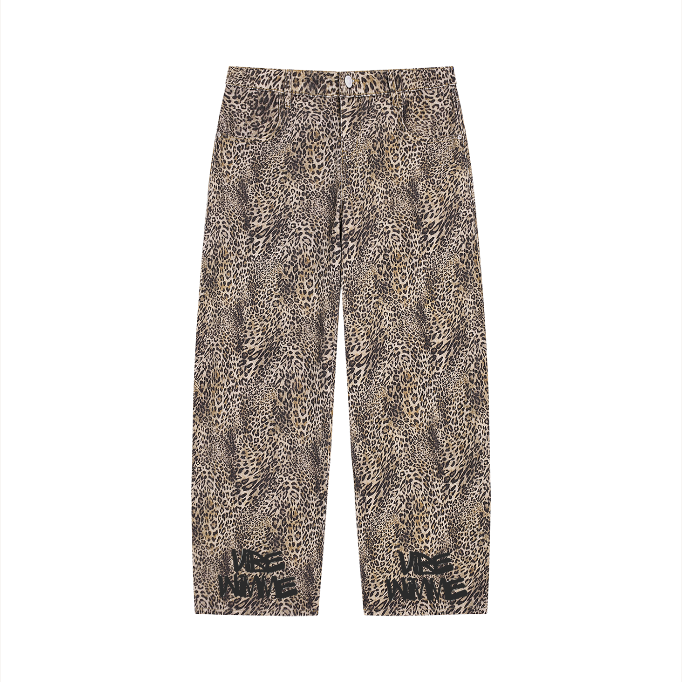 Unisex Vintage Wash Leopard Wide Leg Jeans
