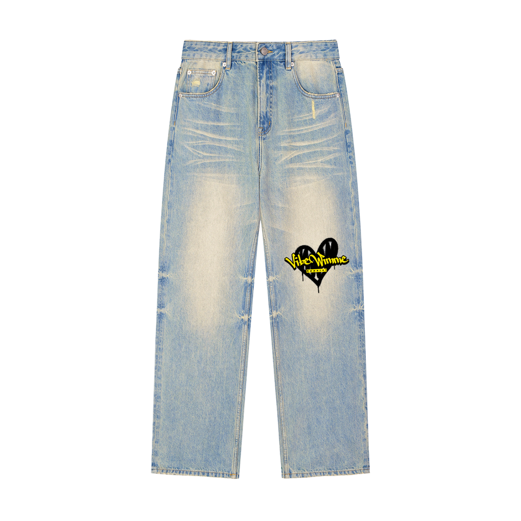 Sun Fade Raw Hem Denim Jeans