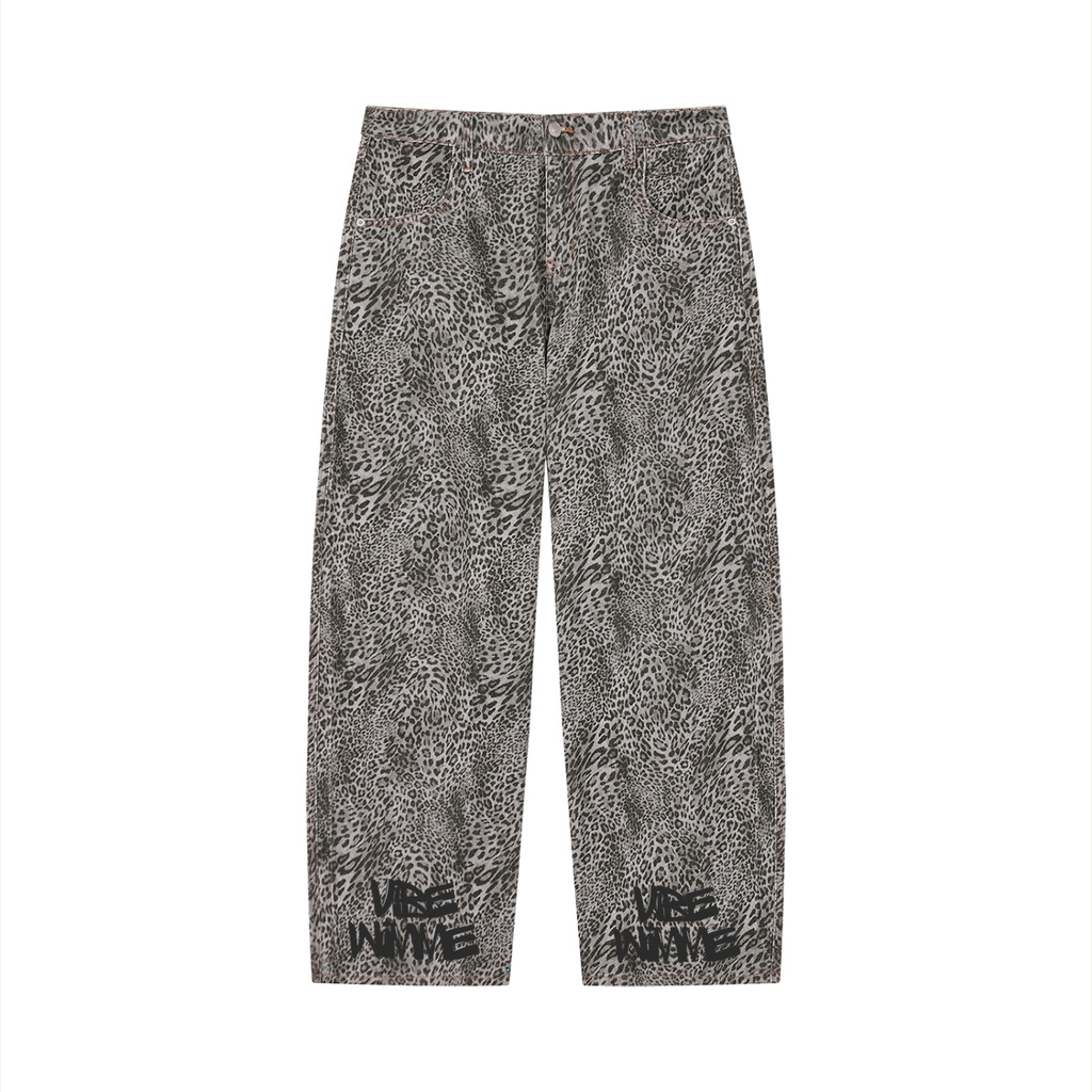 Unisex Vintage Wash Leopard Wide Leg Jeans