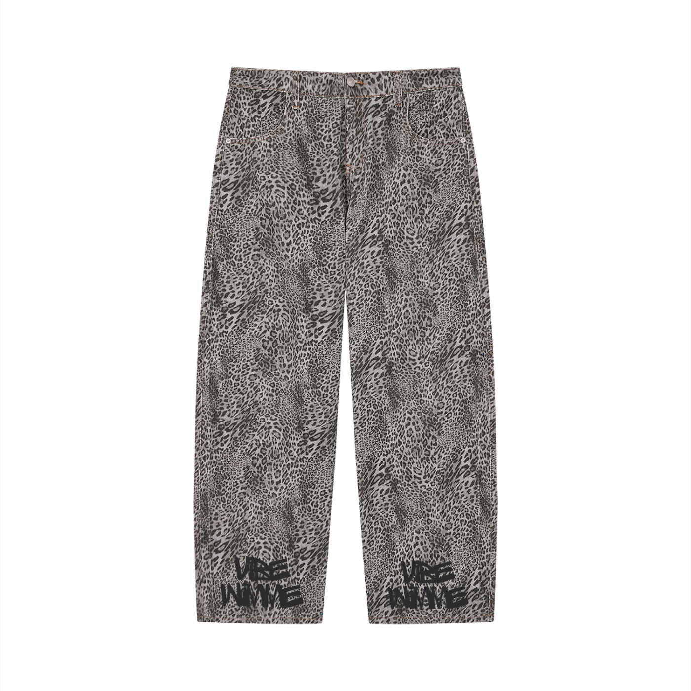 Unisex Vintage Wash Leopard Wide Leg Jeans