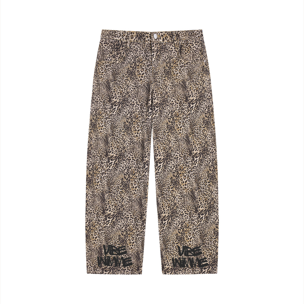 Unisex Vintage Wash Leopard Wide Leg Jeans