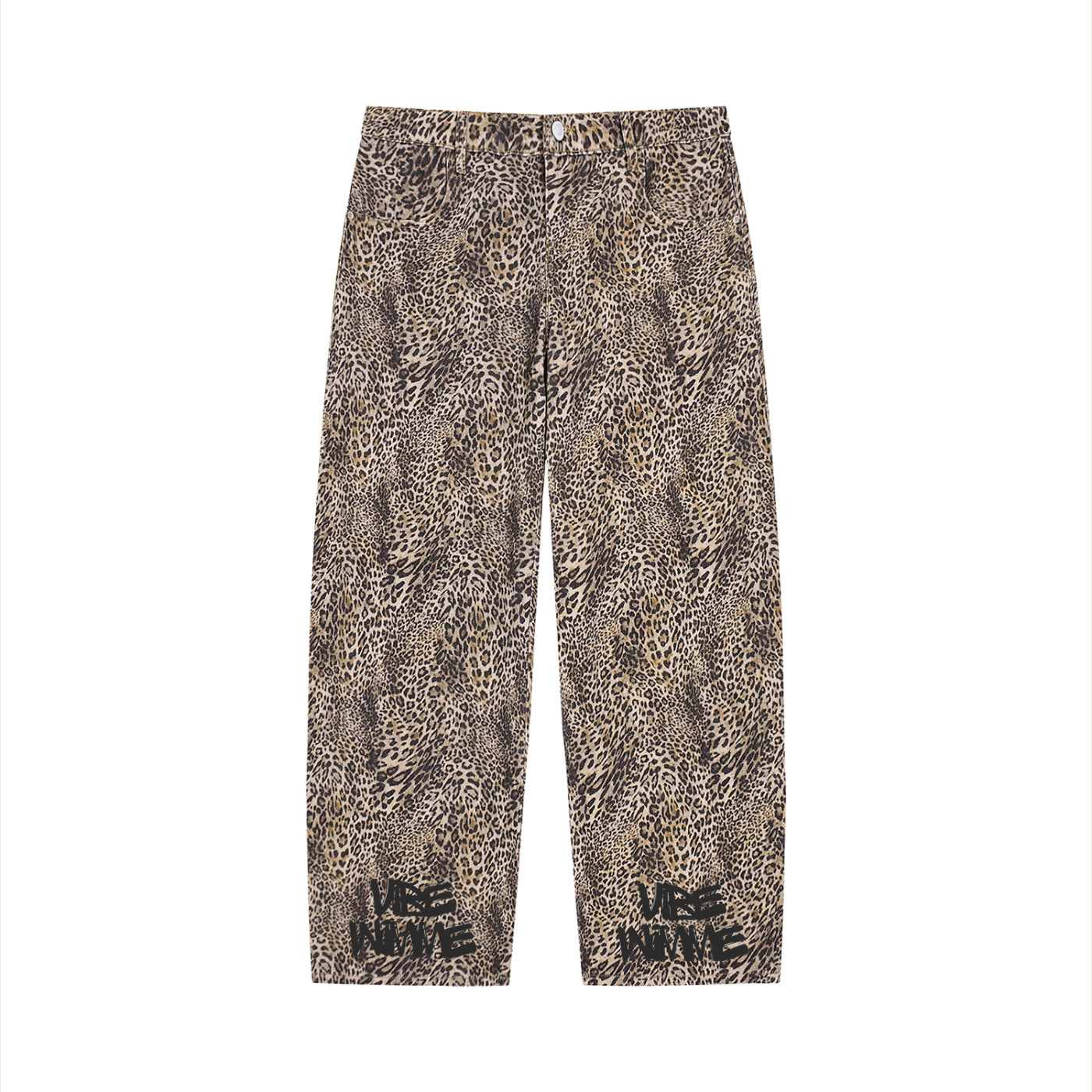 Unisex Vintage Wash Leopard Wide Leg Jeans