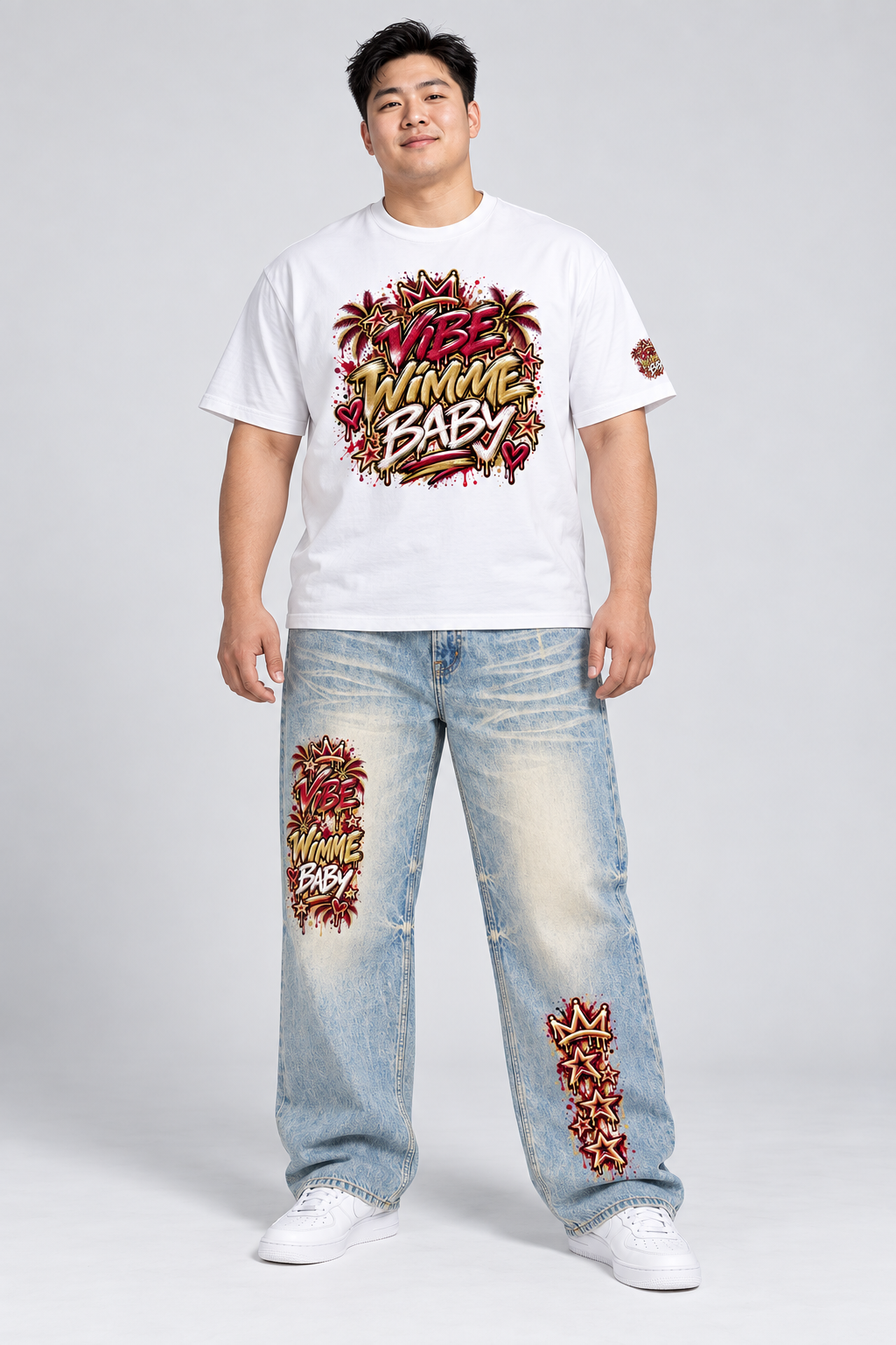 Model wearing Florida State Vibe tee and jeans