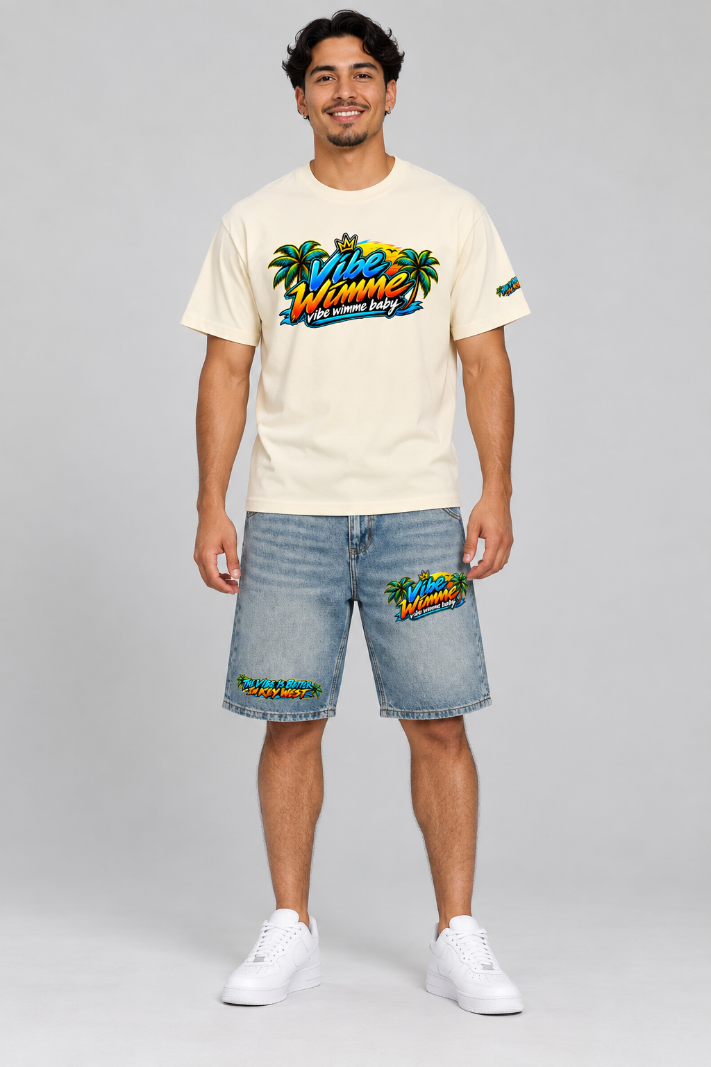 Model wearing Goombay Men's Vintage Wash Denim Shorts