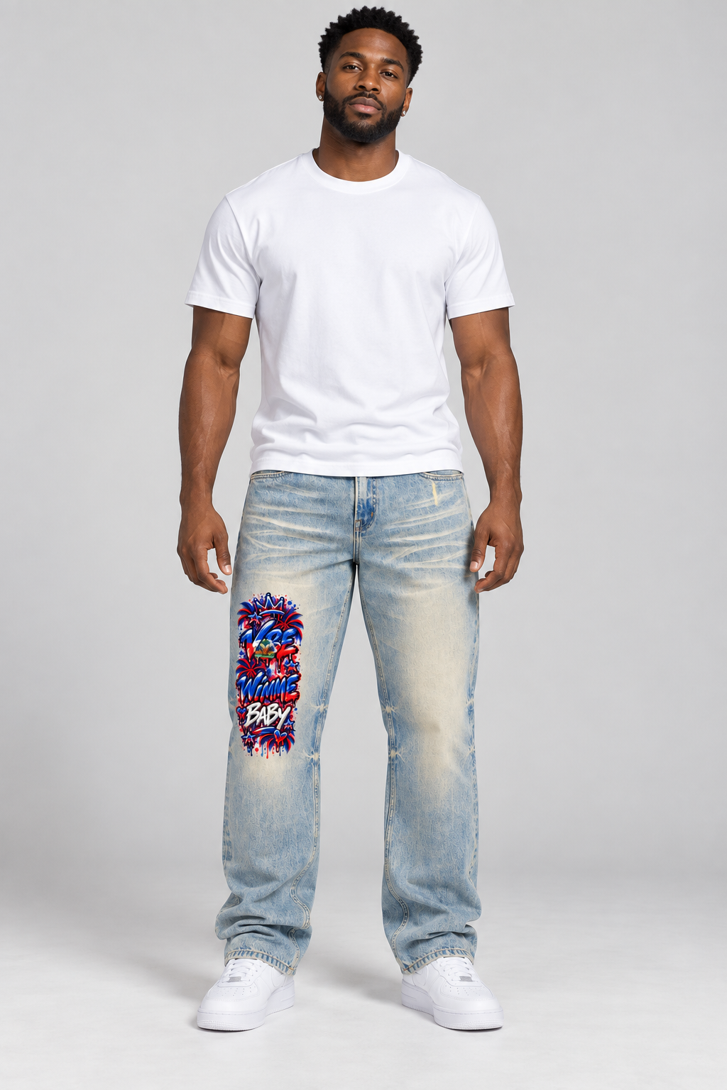 Model wearing Haitian Vibe Sun Fade Raw Hem Denim Jeans