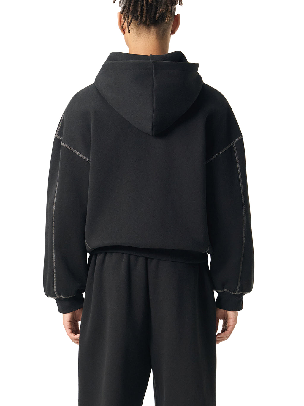 Contrast-Stitched Boxy Fleece Zip Hoodie