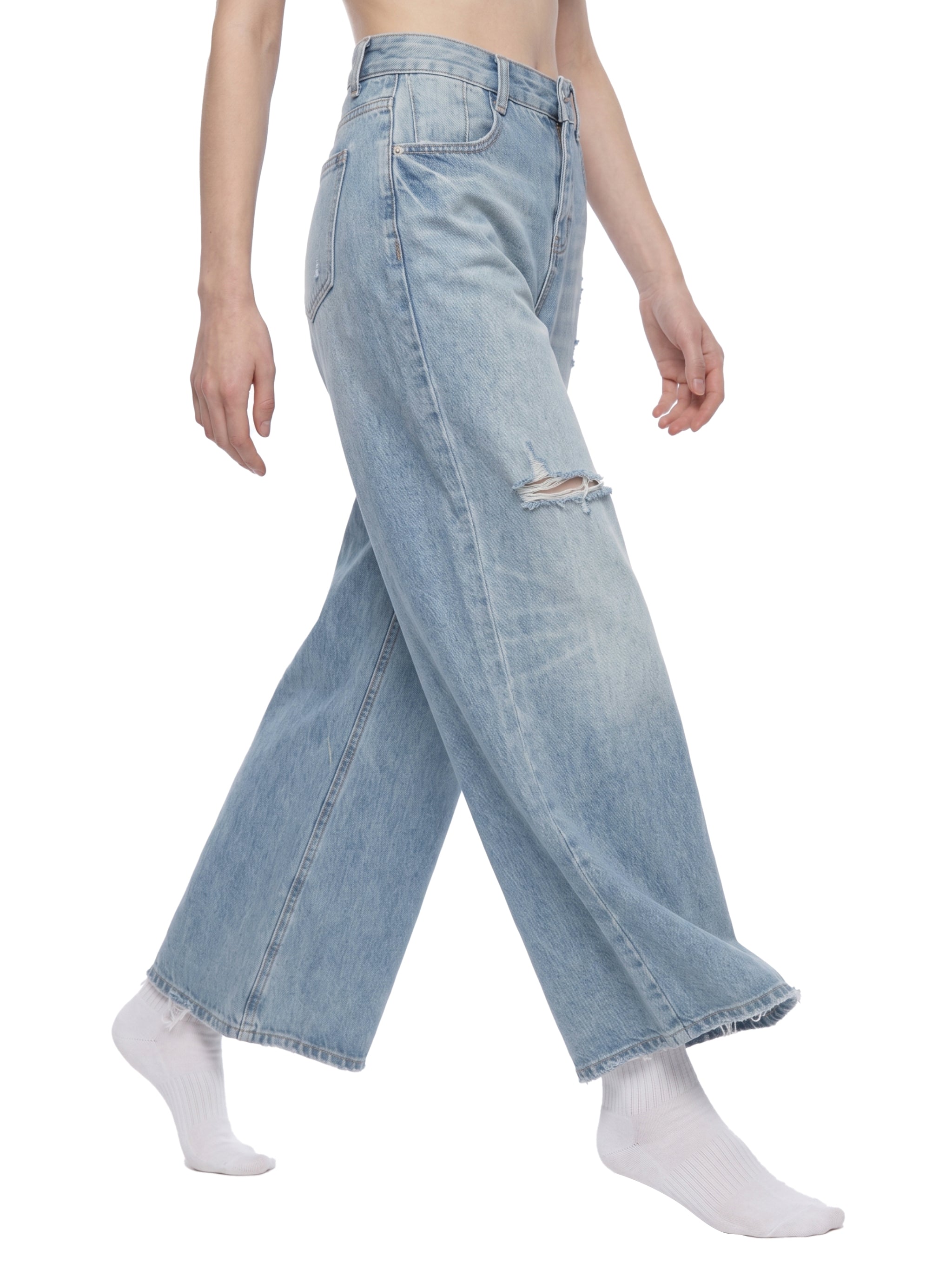 Women's Vintage Wash Distressed Wide Leg Jeans