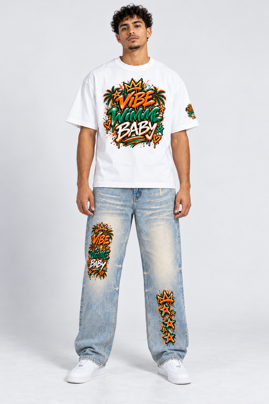 Model wearing Miami Vibe tee and jeans