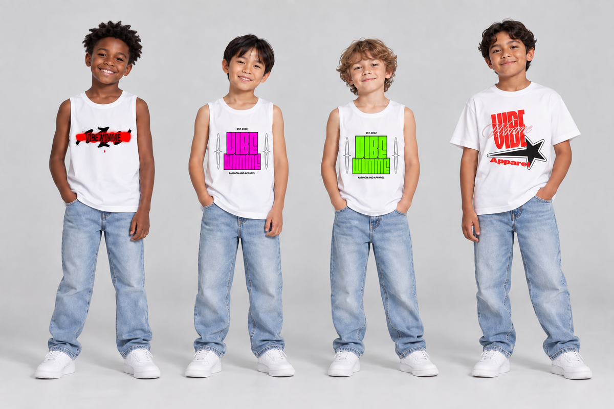 Model 1 from left wearing Quick-Dry Kids' Tank Top