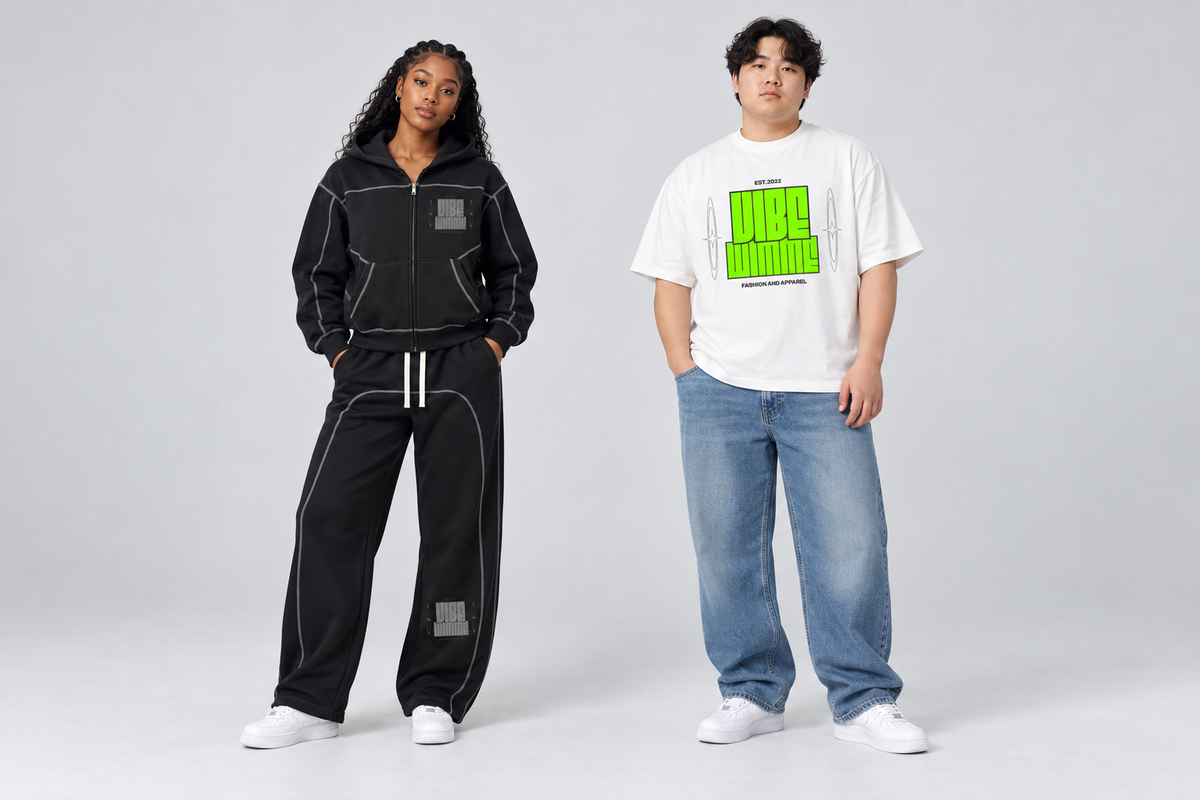 Model 2 from left wearing Unisex Oversized T-Shirt