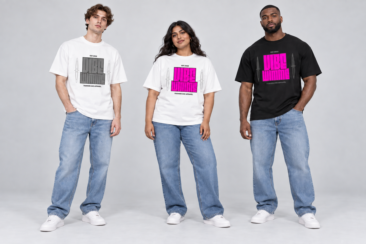 Model 2 from left wearing Unisex Oversized T-Shirt