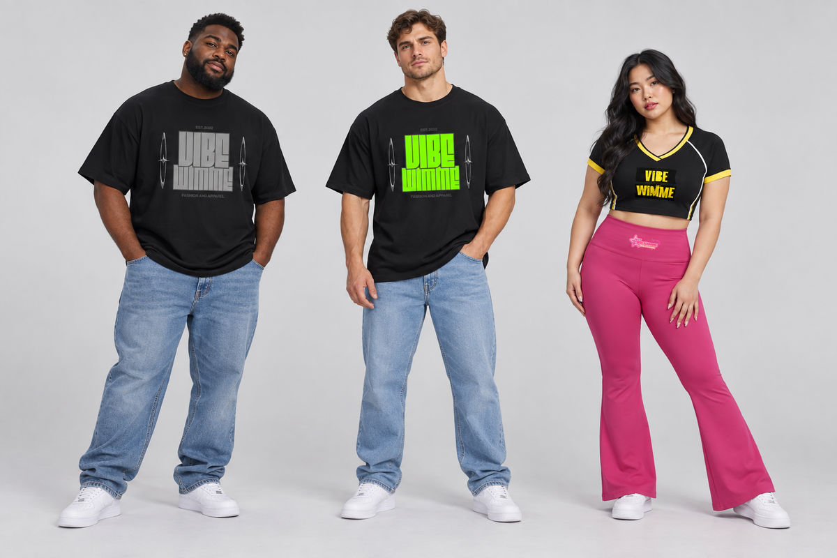 Model 2 from left wearing Unisex Oversized T-Shirt