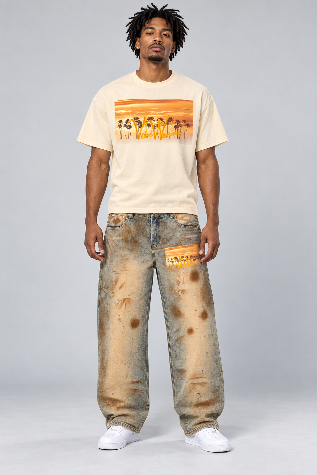 Model wearing Vibe Wimme Men’s Vintage Wash Barrel Leg Jeans