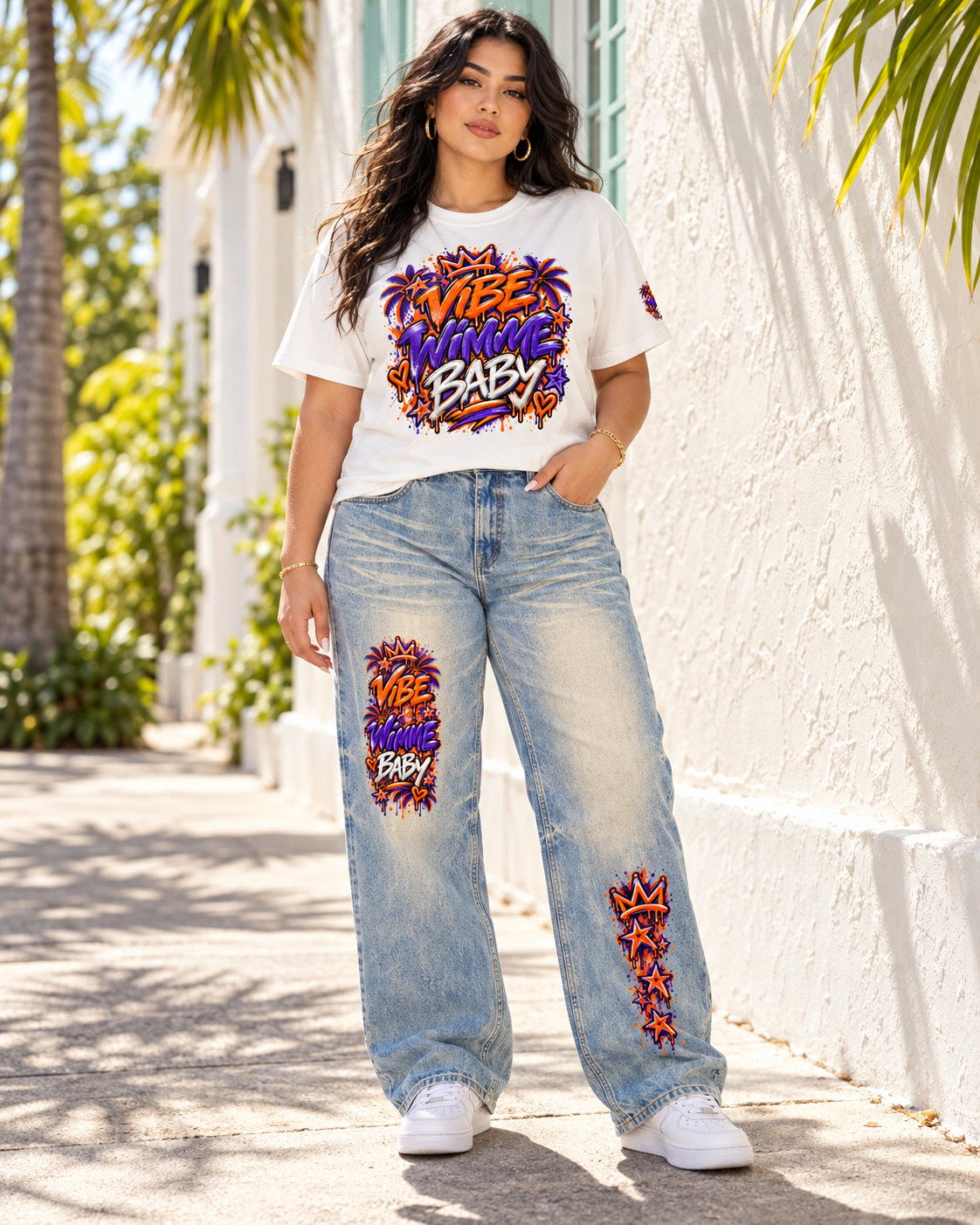 AI styled model wearing coordinated Vibe Wimme clemson tee and jeans