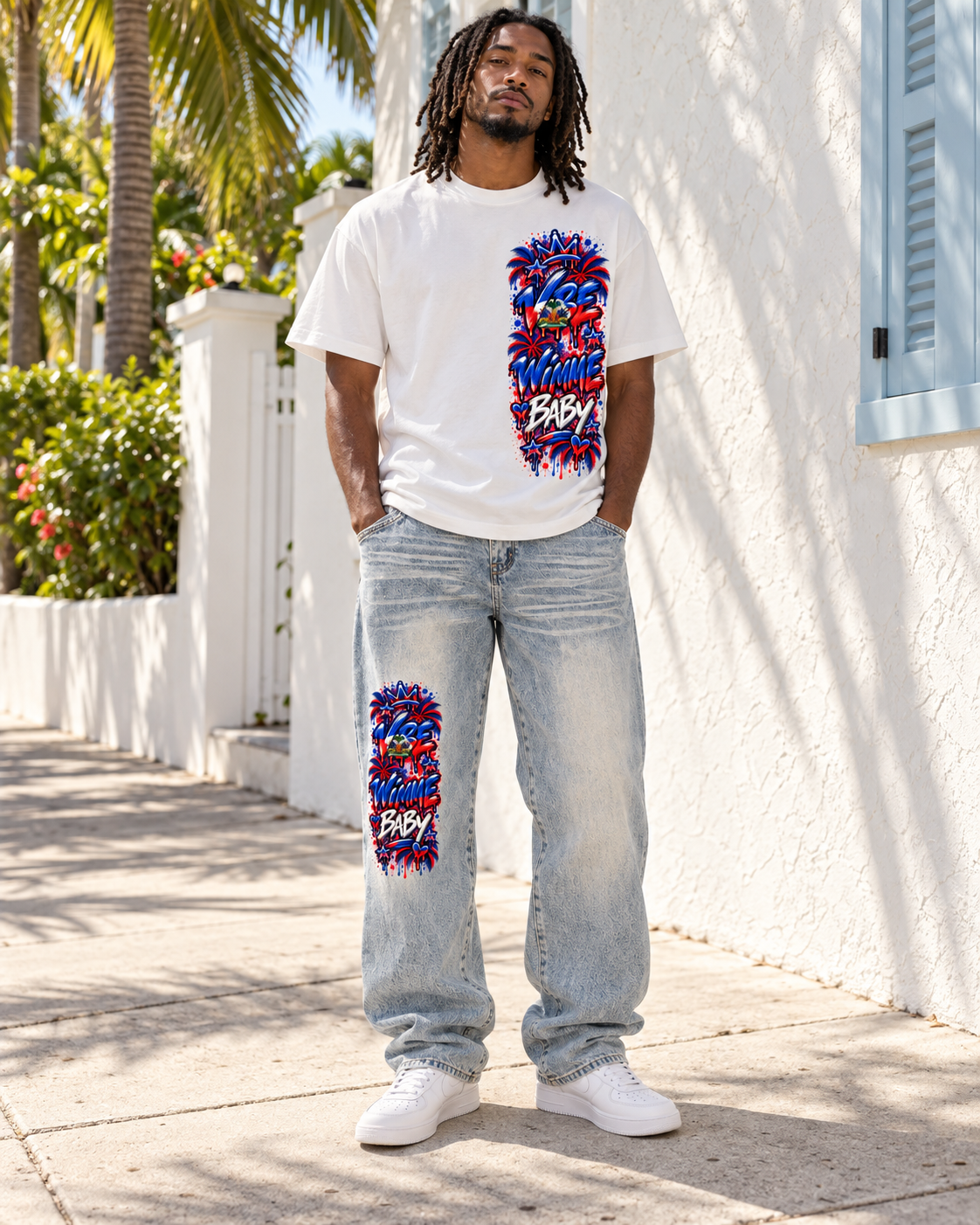 AI styled model wearing coordinated Vibe Wimme haitian tee and jeans