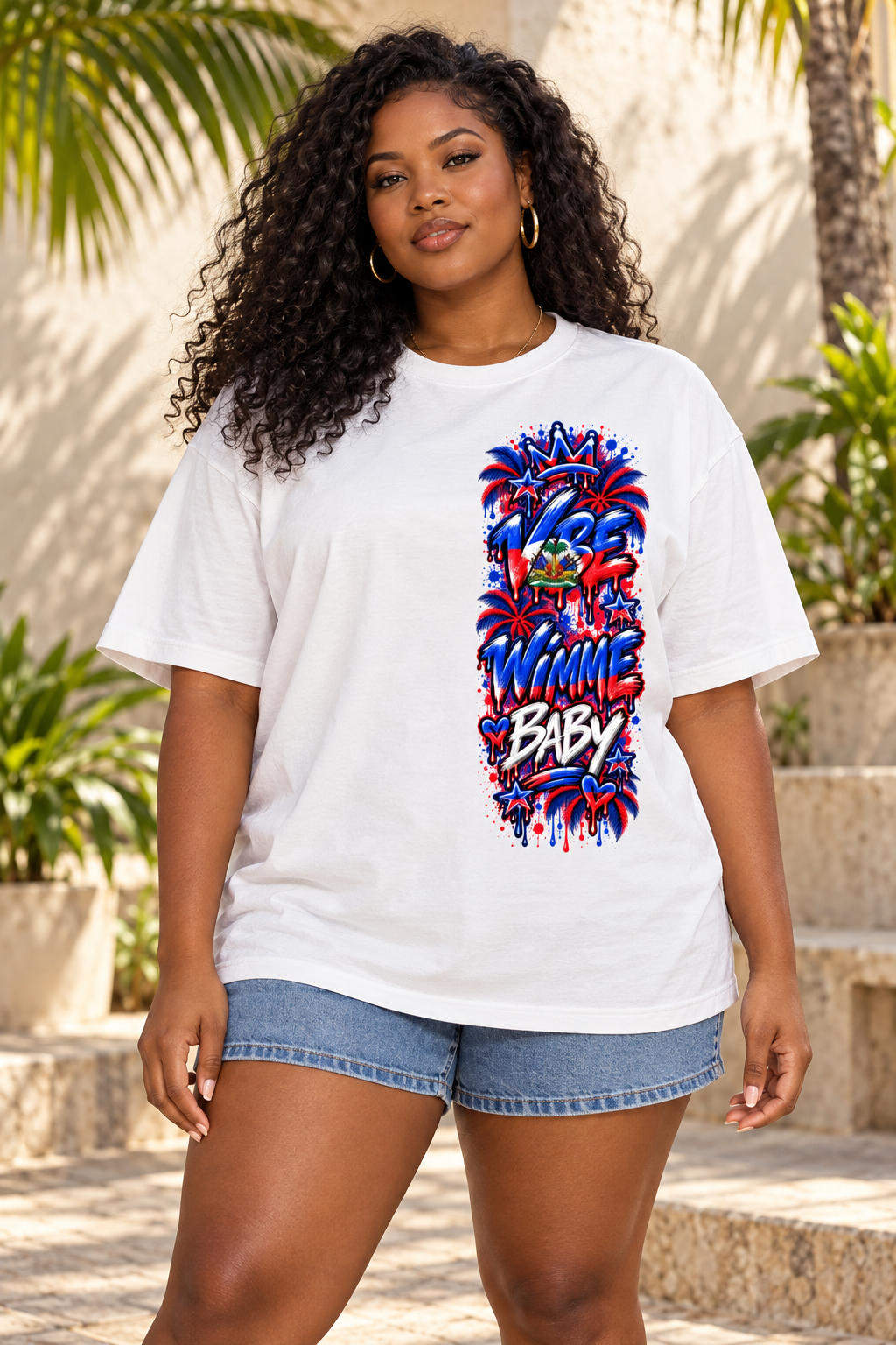 AI styled curvy female model wearing white Haitian Vibe Wimme Baby oversized tee