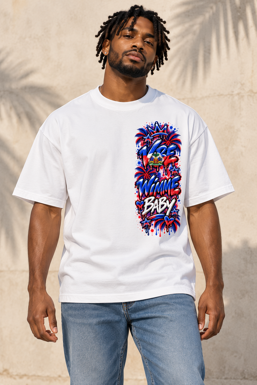 AI styled model wearing white Haitian Vibe Wimme Baby oversized tee