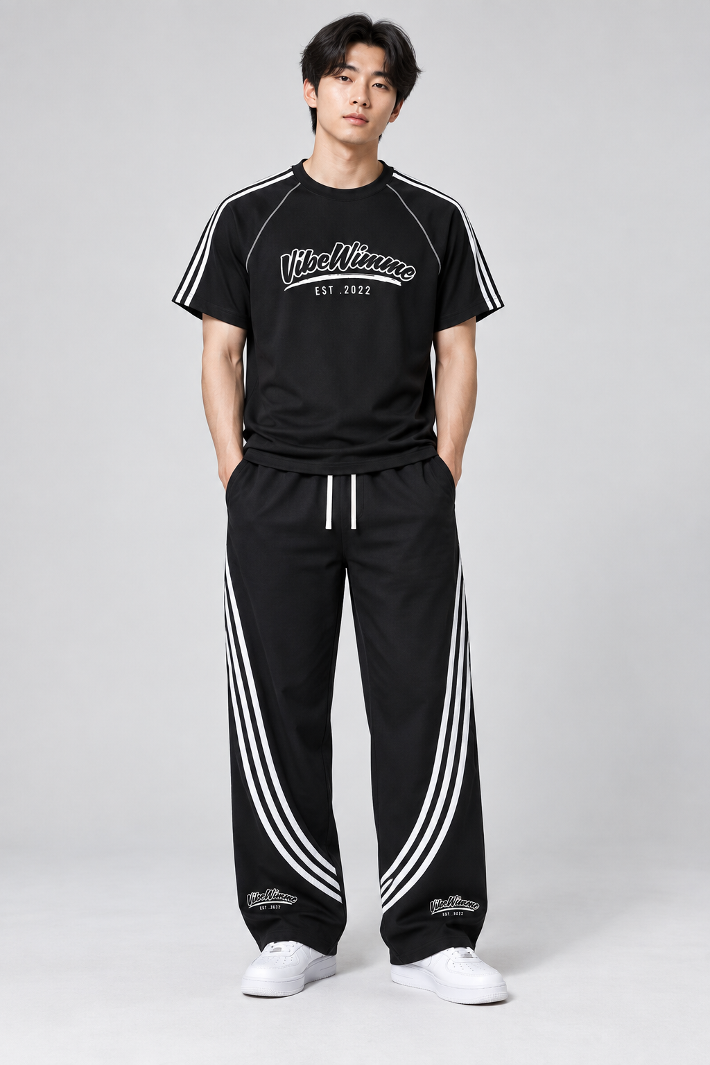 AI model wearing matching Vibe Wimme black stripe outfit