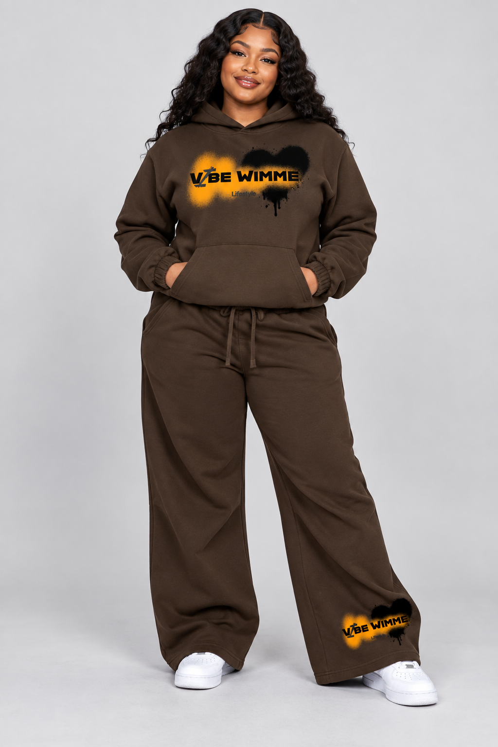 AI model wearing matching Vibe Wimme brown heart outfit