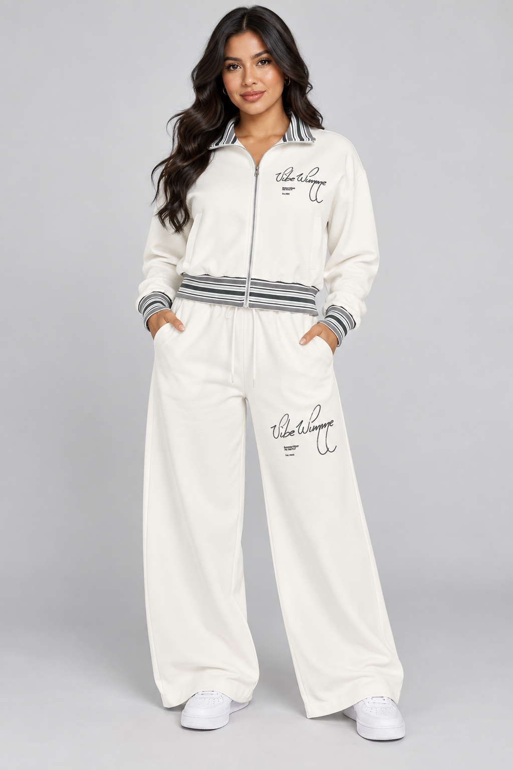 AI model wearing matching Vibe Wimme cream script outfit