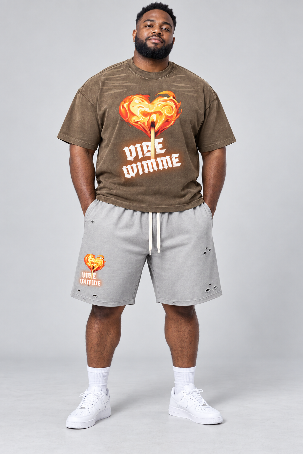 AI model wearing matching Vibe Wimme fire gray outfit