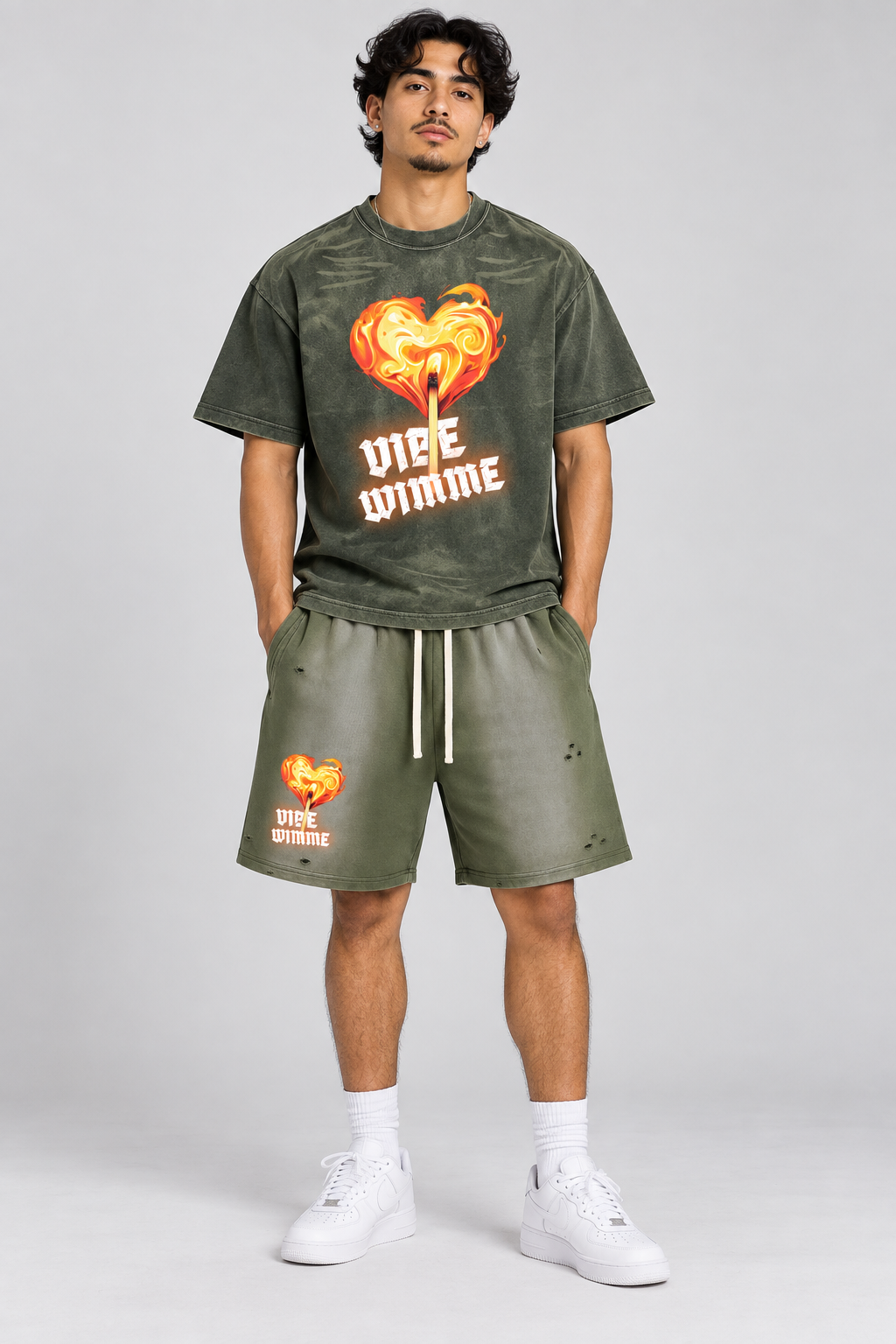 AI model wearing matching Vibe Wimme fire olive outfit