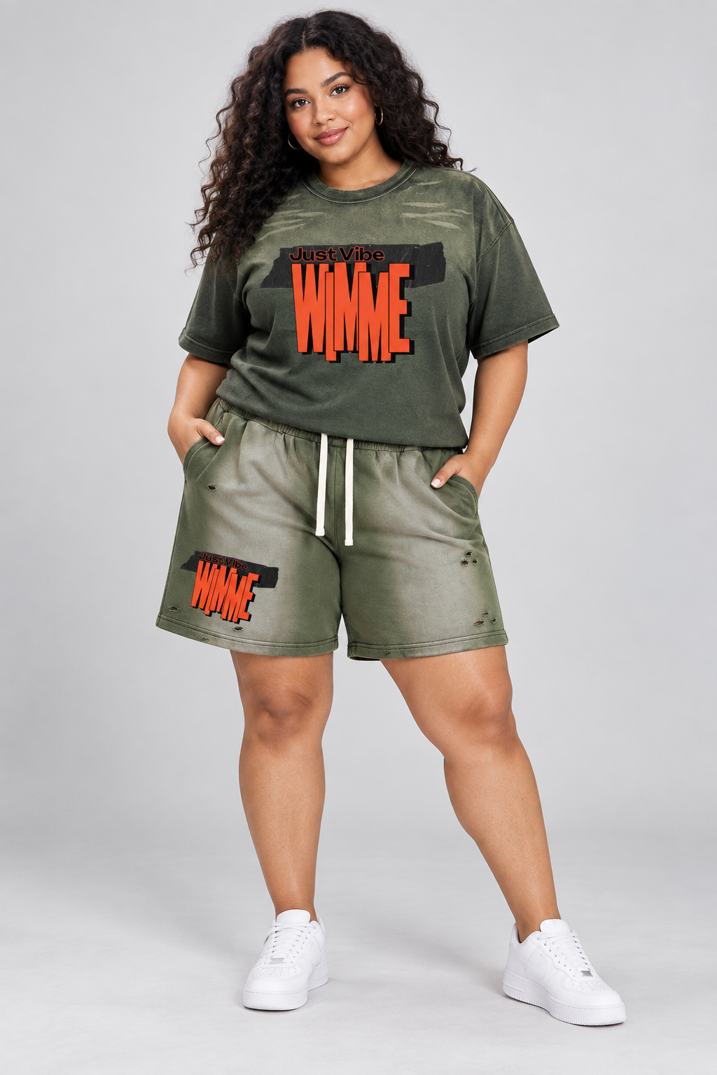 AI model wearing matching Vibe Wimme orange olive outfit