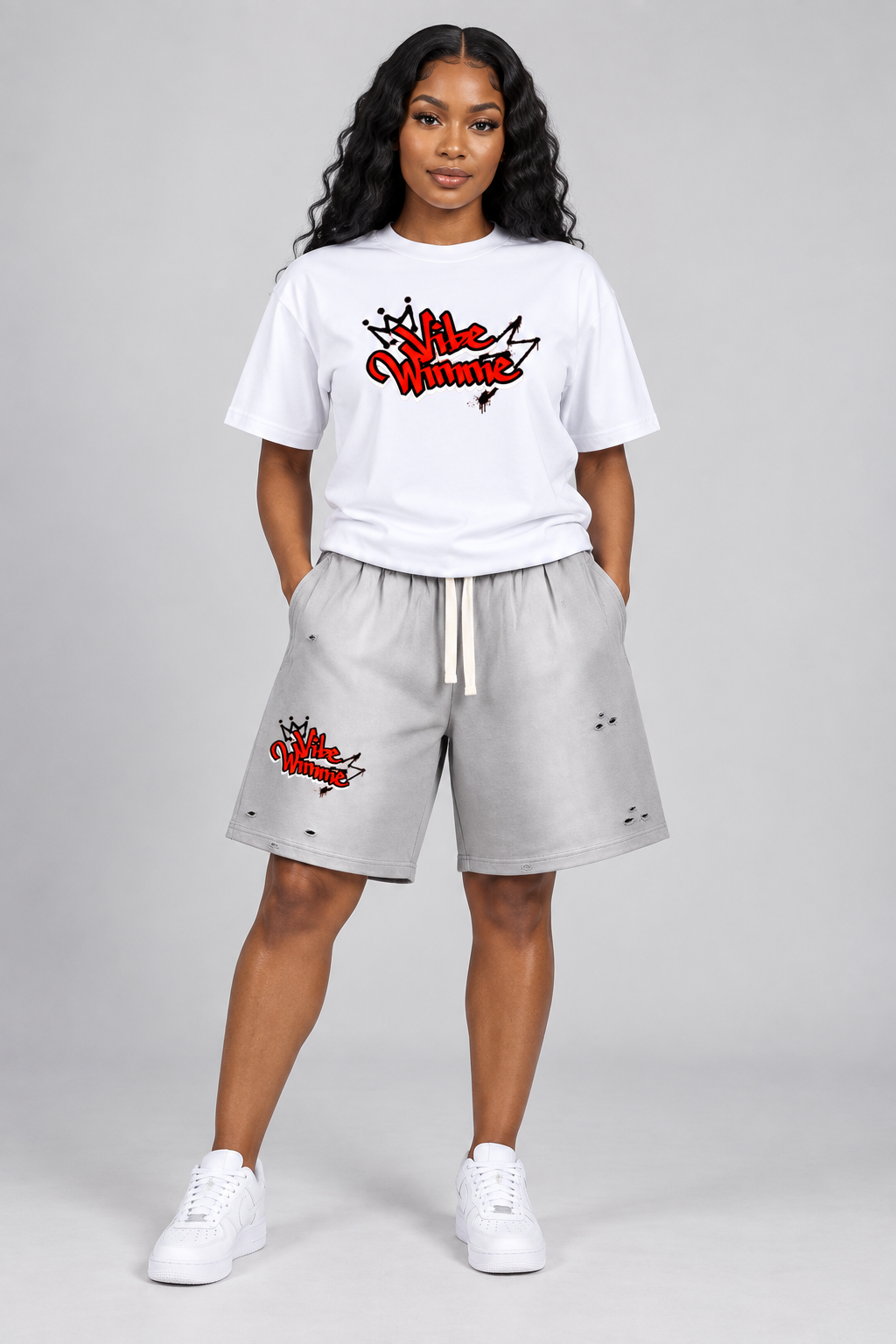 AI model in matching Vibe Wimme red crown clothing