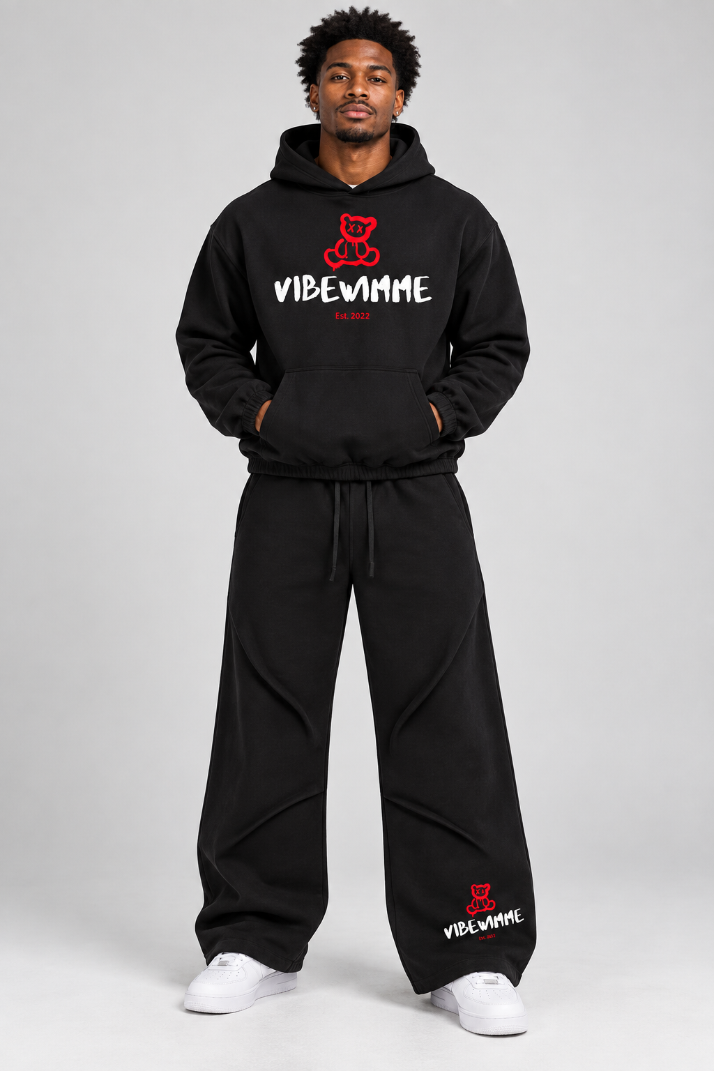 AI model wearing matching Vibe Wimme teddy sweats outfit