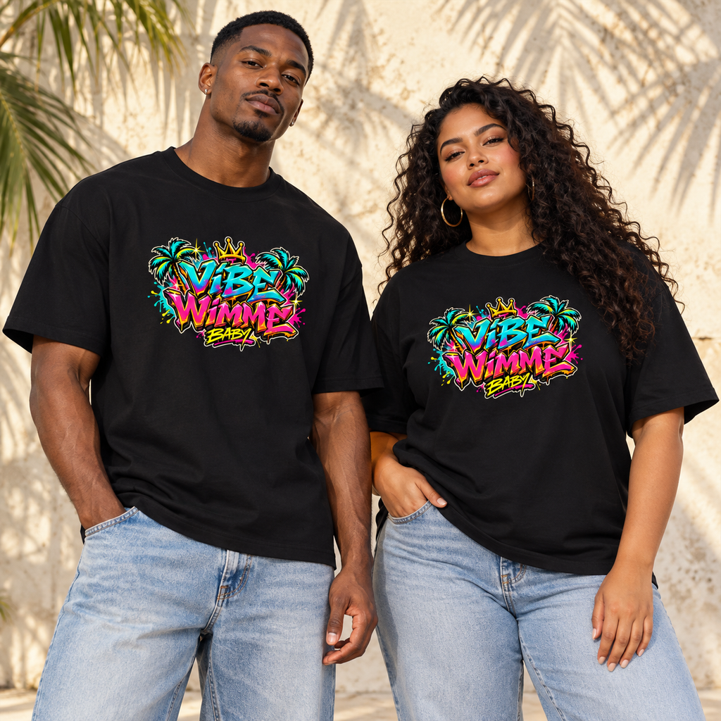 AI styled male and female models wearing black neon Vibe Wimme Baby oversized tees