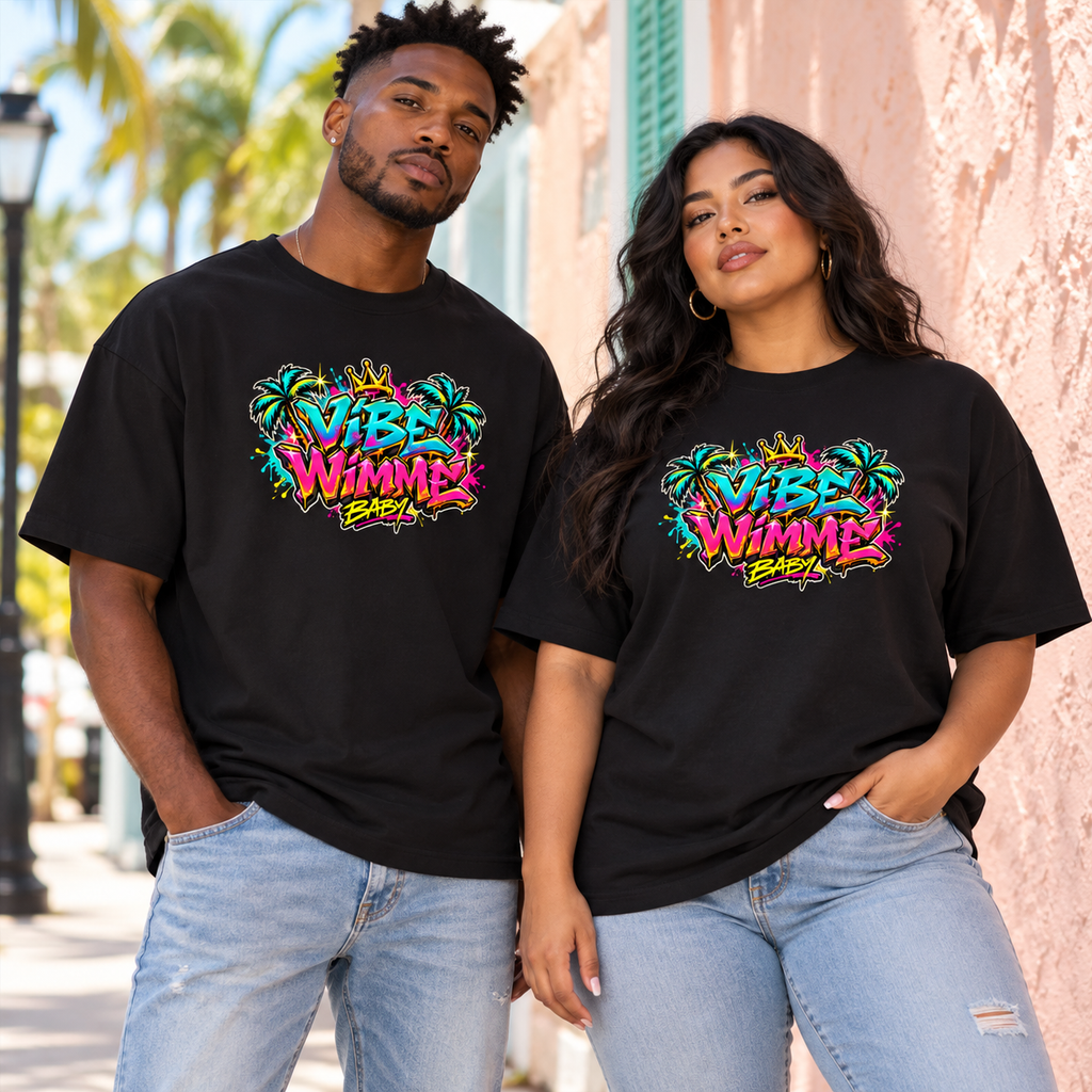 AI-generated lifestyle models wearing the black Vibe Wimme Baby oversized graphic tee